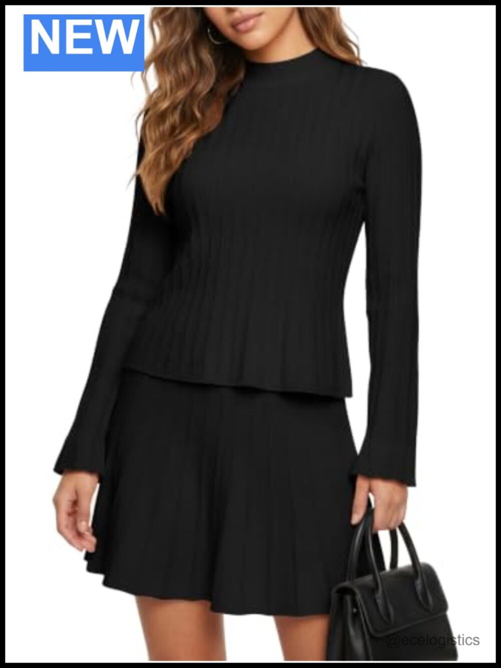 Women's 2 Piece Skirt Set Long Sleeve Ribbed Knit Sweater Pleated Mini Skirt